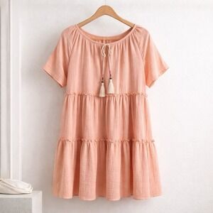 Jade by Jane Peach Tiered Cotton Dress Tassel Tie Ruffle Short 1XL Boho